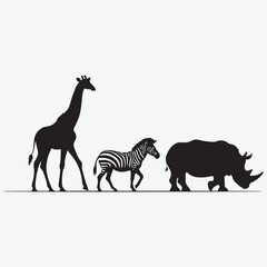 Fototapeta premium Black silhouette of a giraffe zebra and rhinoceros walking in a line animal
