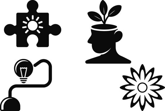 Creative thinking and innovative ideas symbolized by plant, puzzle, lightbulb, and flower icons