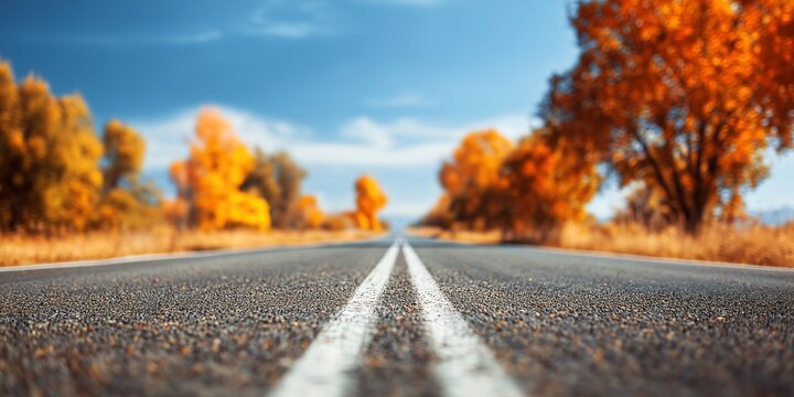 clear day with a long, empty road stretching into the distance, with the background a vibrant, out-of-focus blur of autumn trees