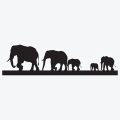 Fototapeta premium Black silhouette of a herd of elephants walking in a line on a white background family