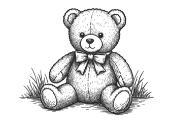 Cute Teddy Bear Illustration Sitting with Bow on Transparent Background