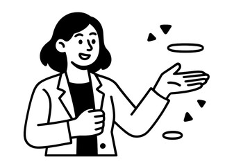 Minimalist line art of a professional woman presenting information with a hand gesture, a smiling business character explaining a concept