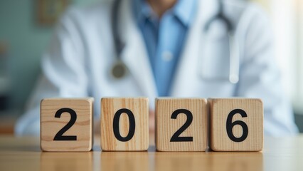 wooden cubes with the number 2026 written on them. A doctor's silhouette is blurred in the background