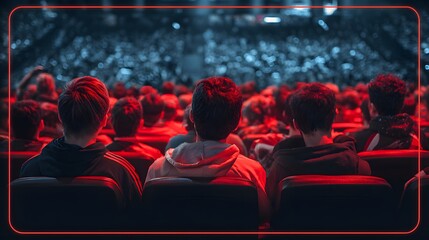 Captivated audience watches thrilling event in vibrant red and blue lighting at a modern venue