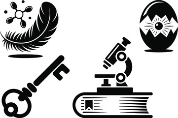 Elegant science and discovery icons with key, feather, microscope and hatching egg symbols