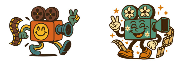 Set of retro groovy cartoon movie camera characters walking with film strips and making peace signs, vintage cinema mascots with happy faces