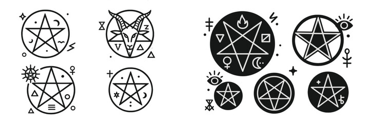 Set of black and white occult symbols with pentagrams, Baphomet goat head, and esoteric magical icons for witchcraft and mystical design