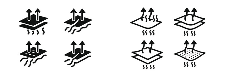 Breathable fabric property icons set for waterproof, moisture-wicking, and quick-dry materials with multi-layer technology symbols