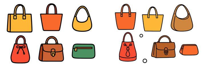 A diverse collection of colorful women's handbags and purses in various styles including tote, satchel, and clutch for fashion and shopping