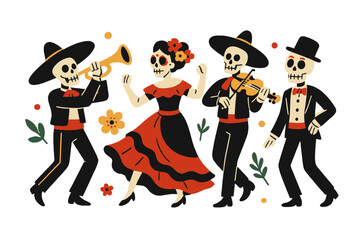 Day of the Dead celebration with dancing Catrina and mariachi skeletons playing music for a traditional Mexican holiday festival