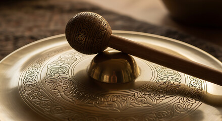 Embracing tranquility and mindfulness with the resonant vibrations of a traditional singing bowl and mallet