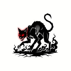 Sinister black cat silhouette with glowing red eyes and ethereal smoke elements illustration