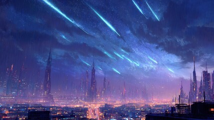 Fototapeta premium Futuristic cityscape under a sky full of shooting stars