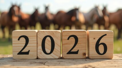 wooden cubes with the number 2026 written on them against the backdrop of a herd of horses