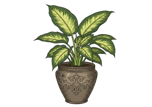 Illustration Of Potted Plant With Green And Yellow Leaves On Transparent Background