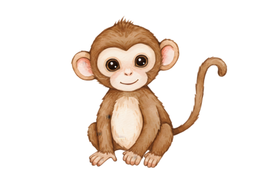 Cute Watercolor Illustration Of A Brown Monkey With Transparent Background - Powered by Adobe