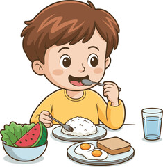 Cartoon boy eating breakfast, happy child with rice and eggs, healthy morning meal, cute character with food, balanced nutrition concept