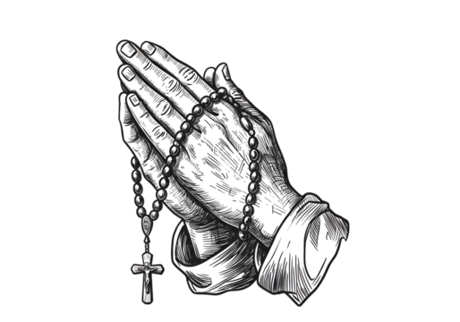 Illustration Of Praying Hands With Rosary and Cross in Black and White