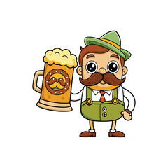 Cartoon man in lederhosen holding a beer mug with a moustache design
