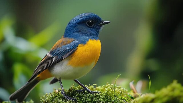 A vibrant, colorful bird perches on a patch of moss, showcasing its striking blue and yellow plumage against a blurred backdrop of lush greenery.