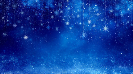 Obraz premium 吊り下がる雪の結晶ときらめきの粒が降るブルー背景（冬のイメージ）