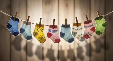 Adorable Baby Socks Hanging on a Line.