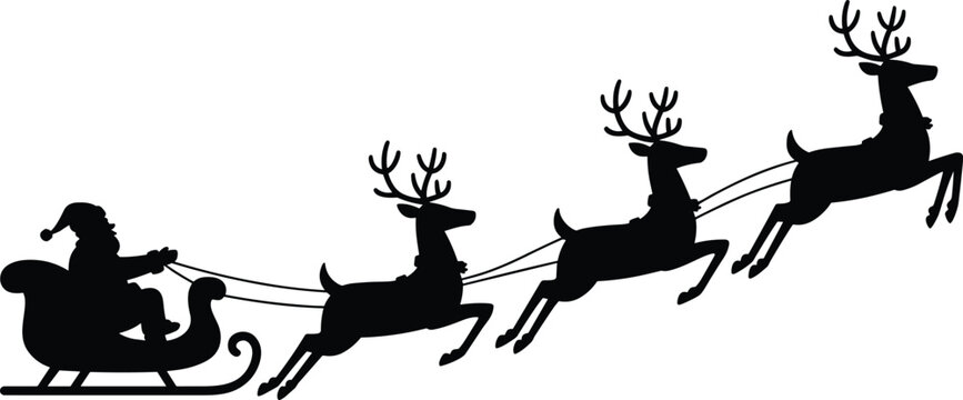 Santa Claus riding sleigh with reindeer, flying Christmas silhouette illustration, festive holiday scene, winter Christmas vector art, traditional Santa sleigh 