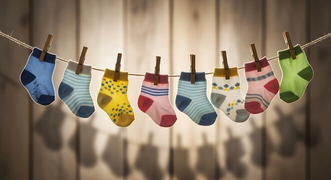 Adorable Baby Socks Hanging on a Line.