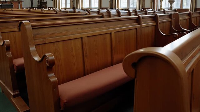 Empty church pew scene with tracking rack focus, capturing a moment of quiet contemplation and spiritual reflection in a sacred space.