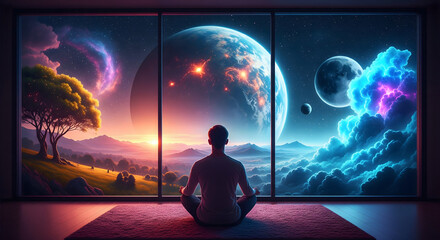 A person meditates before a panoramic window showcasing a surreal blend of a sunset landscape cosmic sky planets moons