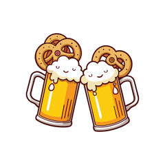 Two cute beer mugs and pretzels toasting with happy faces