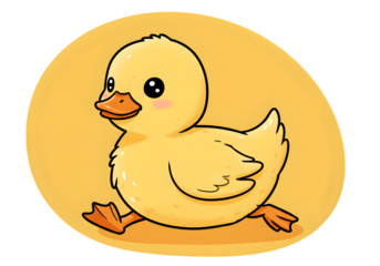 Cute Yellow Duck Illustration Running on Oval Isolated Background