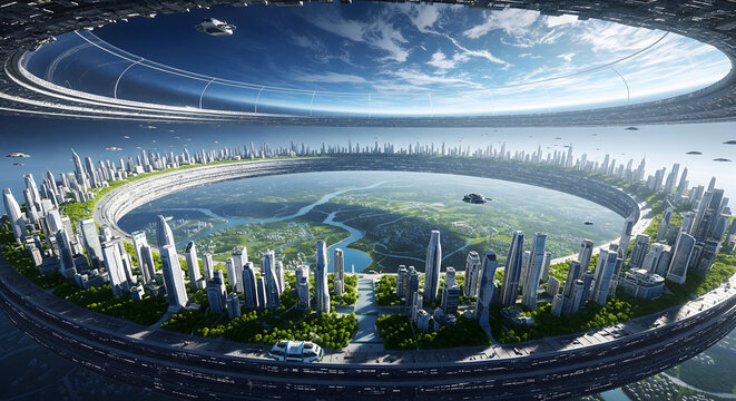Expansive orbital ring structure with a modern city green landscapes rivers and multiple flying vehicles - Powered by Adobe