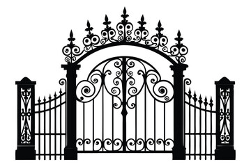 Intricate Silhouette of Decorative Wrought Iron Gate with Arched Top and Swirls