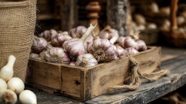 Wooden crate with garlic at rustic market