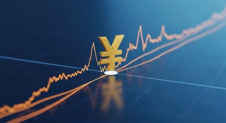 A golden yen symbol on a blue background with a rising orange line.