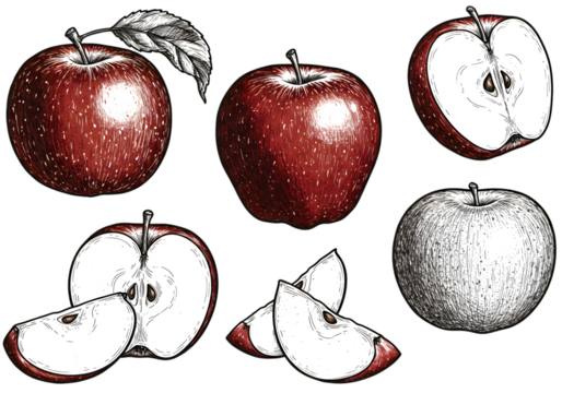 Illustration Of Red Apples With Slices On A Transparent Background
