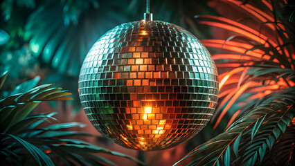 Disco ball hanging amidst tropical foliage mirror mosaic