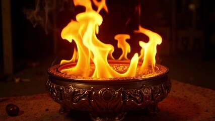 Stunning slow motion video of an ornate bowl engulfed in flames, perfect for Olympic or religious concepts, capturing the dynamic energy of fire. - Powered by Adobe