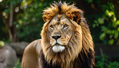 Fototapeta premium Close-up portrait of a majestic adult male lion with a large, fluffy mane looking straight into the camera. Concept of the king of the jungle