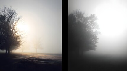 Bare trees in dense fog with sunbeams breaking through mist branches