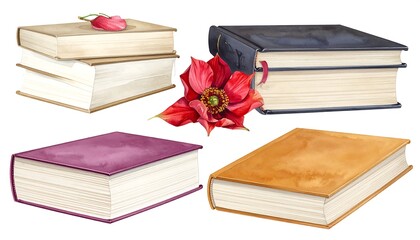 Four illustrated books with colorful covers and a vibrant flower, showcasing a collection of artistic, hand-painted volumes, rendered in warm and cool shades.