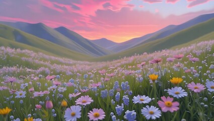 Fototapeta premium Vibrant wildflower meadow under a pastel sunset sky