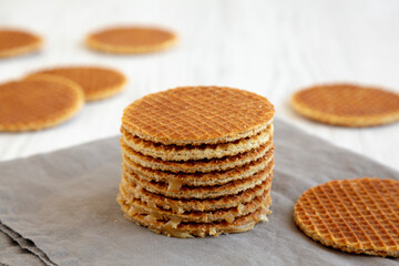 Homemade Dutch Stroopwafles with Honey-Caramel Filling, side view.