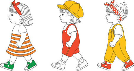 Cute cartoon children walking, wearing colorful clothes, headbands, caps, shoes, side view, kids movement, fashion, playful, flat vector art