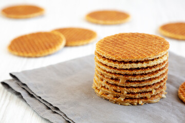 Homemade Dutch Stroopwafles with Honey-Caramel Filling, side view.