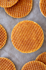 Homemade Dutch Stroopwafles with Honey-Caramel Filling, top view.