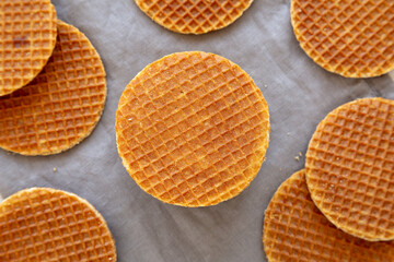 Homemade Dutch Stroopwafles with Honey-Caramel Filling, top view.