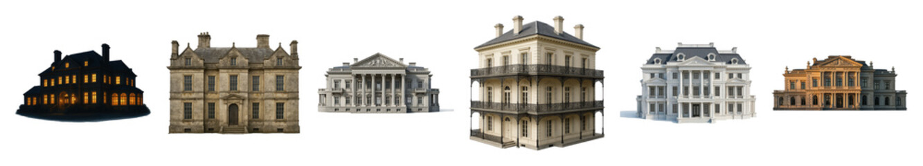 Obraz premium Historic building set including neoclassical, gothic, colonial, and ornate mansions isolated. Architectural design and luxury real estate collection.