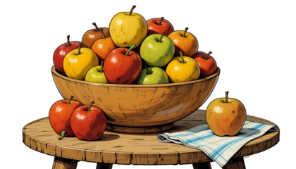 Illustration of a rustic wooden bowl filled with colorful apples placed on a wooden table with a